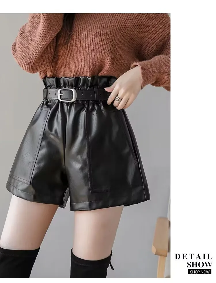 Women Chic Fashion Faux Leather Shorts Vintage High Waist Female Shorts All-Match Solid Color Loose Casual Shorts