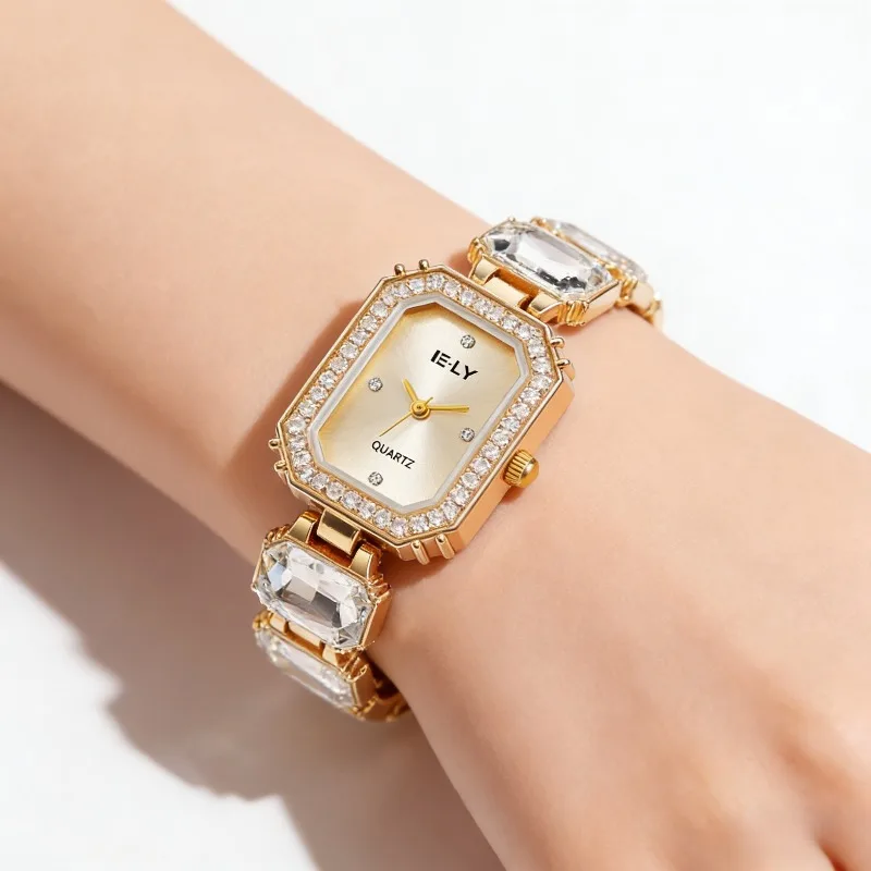 

Женские квадратные часы класса люкс из нержавеющей стали с водонепроницаемым корпусом, инкрустированные бриллиантами, с оригинальным кварцевым механизмом, модный браслет, розовое золото, женские часы