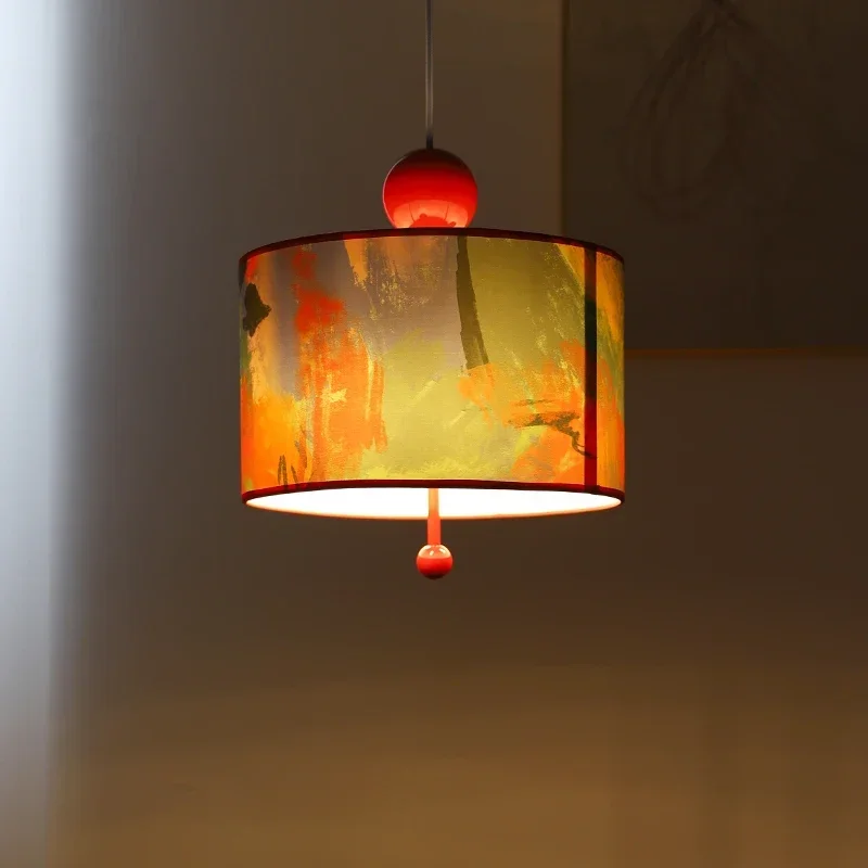 SANDYHA Modern Retro Cylindrical Pendant Light LED Lamp Apply To Bedroom Study Fabric Printed Home Decoration Lighting Fixtures
