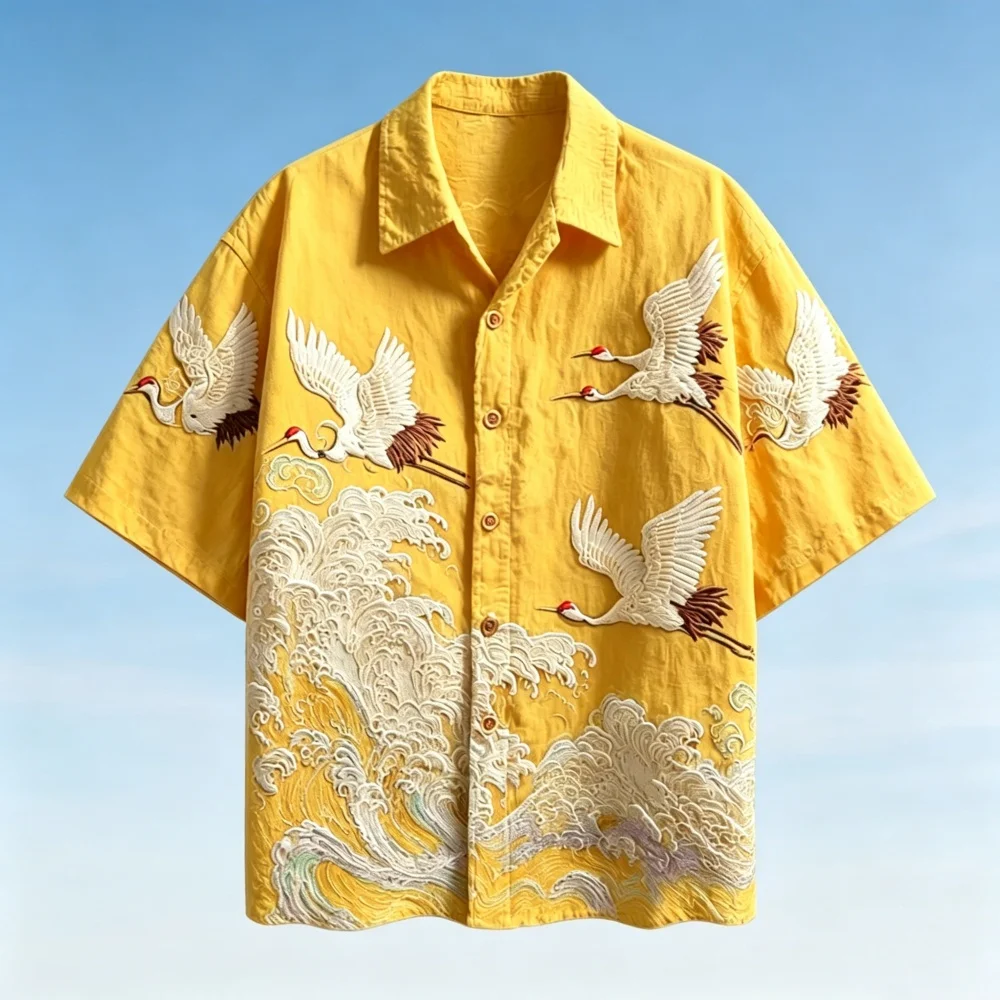 New men's hot selling short sleeved linen blend shirt, wave crane high-definition pattern digital printed lapel button shirt
