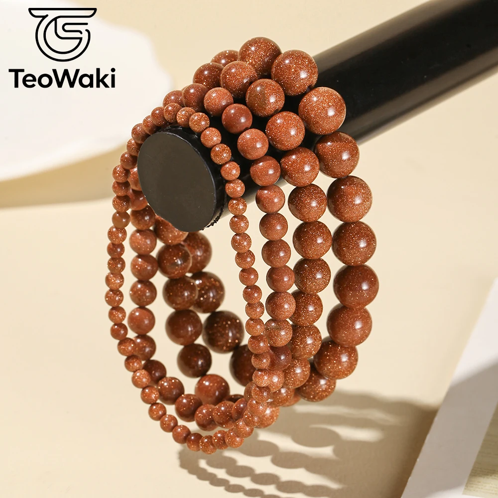TeoWaki 4/6/8/10mm Round Beads Golden Sand stone Elastic Bracelet for Women Men Stress Reduction Maintaining Mental Balance 19cm
