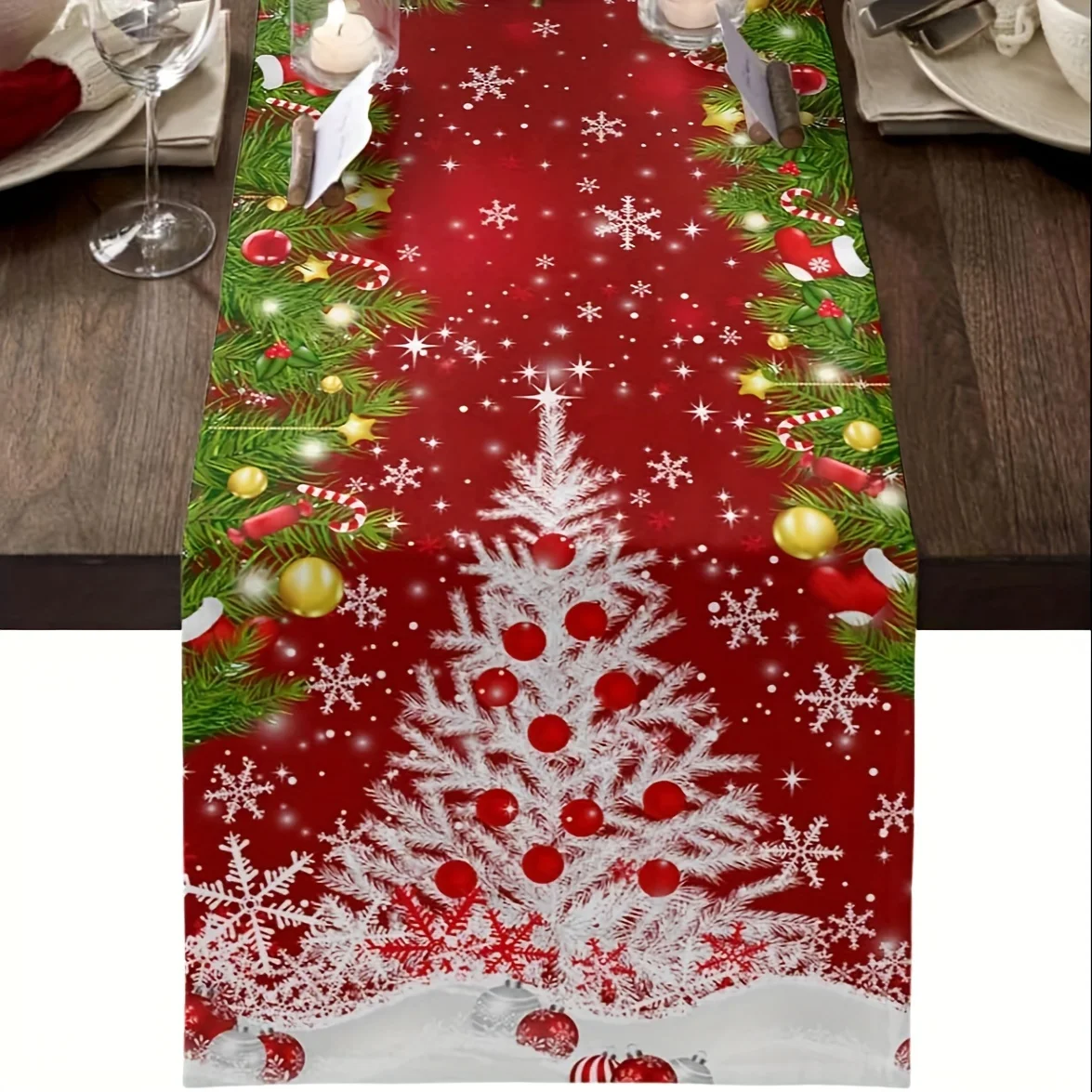 1pc Winter Christmas Tree Table Runners Merry Xmas Balls Red Kitchen Dining Table Decoration For Wedding Party Coffe