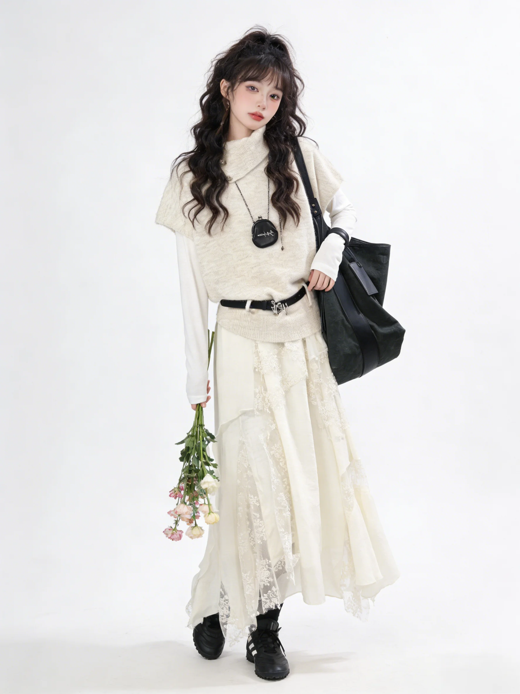 

Early Spring Knitted Knitwear Women's Style Silver Buckle Fly Sleeve Set Base White T-Shirt Two Piece Set Korean Fashion