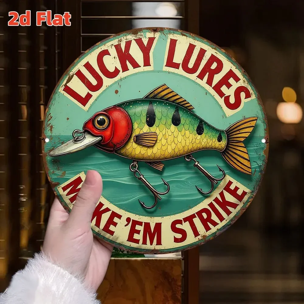 لافتة صيد السمك "Lucky Lures" - لوحة فنية جدارية كلاسيكية من الألومنيوم مع تصميم أسماك وخطافات ملونة، مقاومة للماء والغبار
