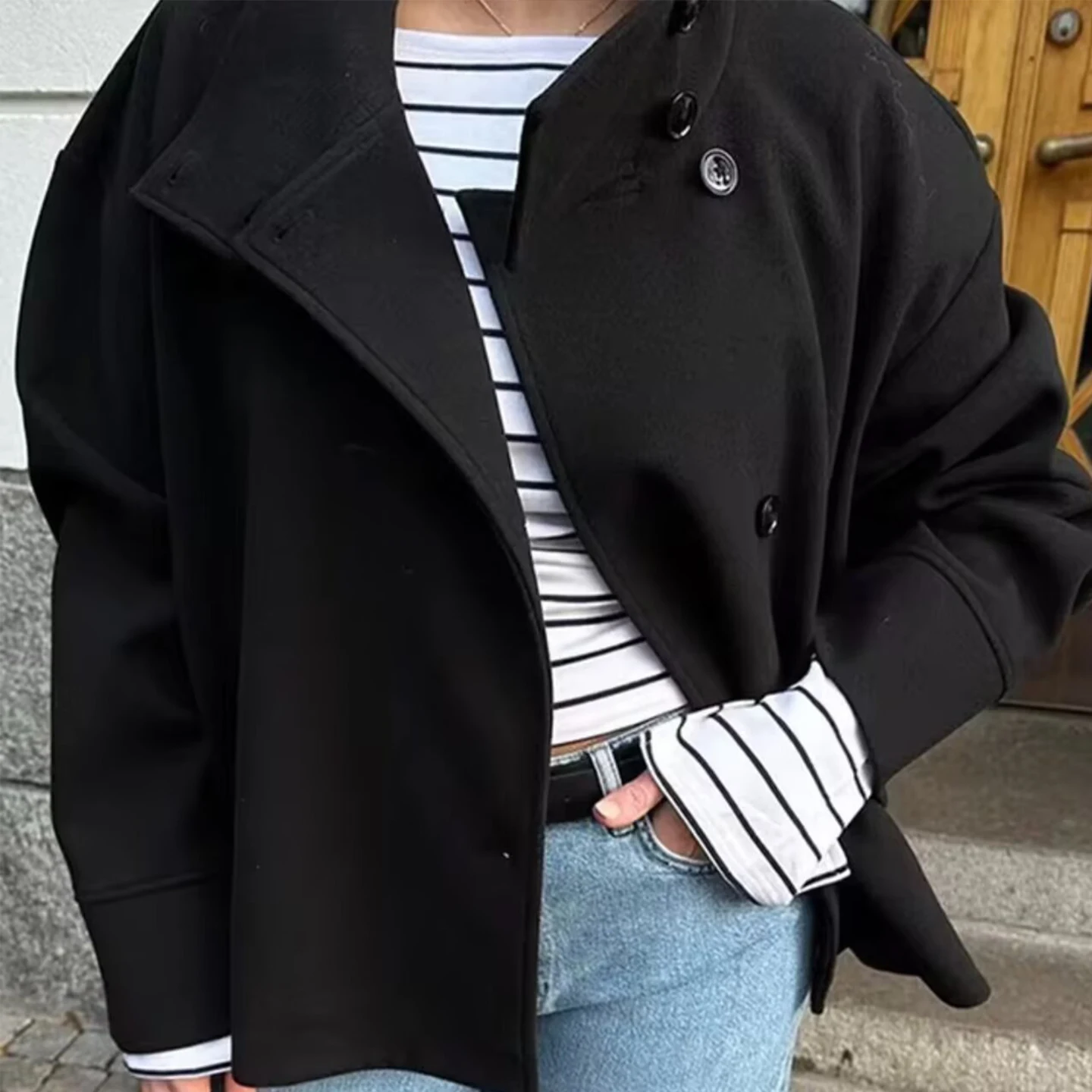 2025 automne nouveau Sle femmes Faionable Personali correspondant ample laine ort manteau bouton col montant polyvalent Long Sve