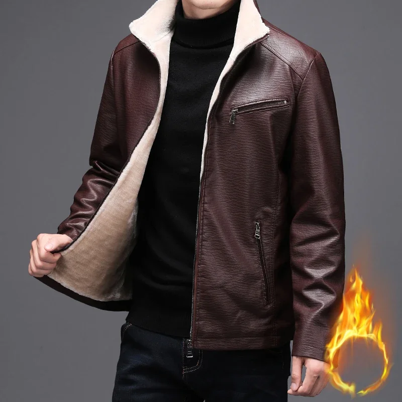 Autumn Winter Leather Jacket Men Fashion Trend Casual Male Trench Coat Plus Velvet Versatile Top Clothing PU Locomotive Clothes