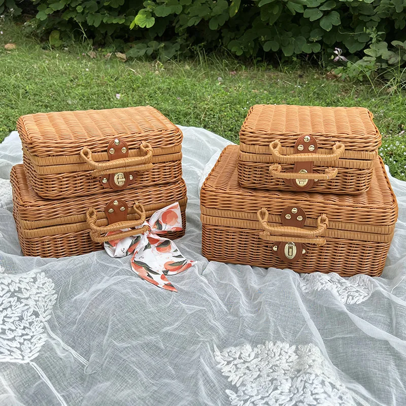 Imitation Rattan Woven Storage Box Vintage Handwoven Case Home Storage Basket Retro Style Decorative Suitcase Hand Gift Box