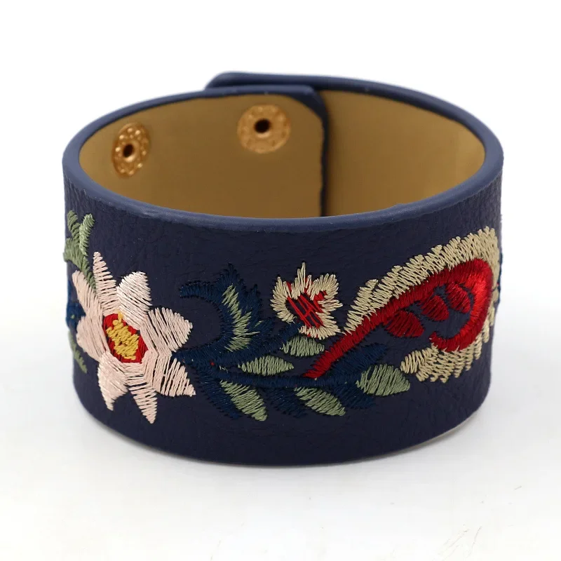 Kirykle Fashion Embroidery Flower Bracelet for Women Personality Wide Leather Bangles Punk Style Charm Bohemian Cuff Jewelry