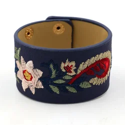 Kirykle Fashion Embroidery Flower Bracelet for Women Personality Wide Leather Bangles Punk Style Charm Bohemian Cuff Jewelry