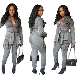 Women'S Jumpsuits Autumn Winter Casual Long Sleeve Pocke Slim Fit Elastic Denim Jumpsuits Streetwear Lady Skinny Jeans Jumpsuits