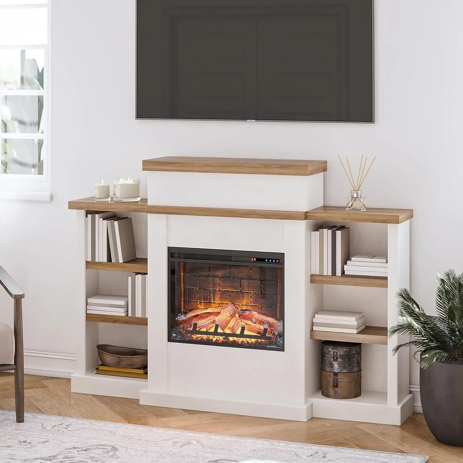 

64 Inch Electric Fireplace with Mantel, Replaceable Fireplace Insert Heater, Shelves Realistic Log and Flame Effect, Plaster