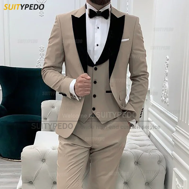 

Модные мужские костюмы цвета хаки, комплект Slim Fit, свадебная куртка для выпускного, жилет, брюки, 3 предмета, 2025 г., формальные бархатные смокинги с острым лацканом для мужчин