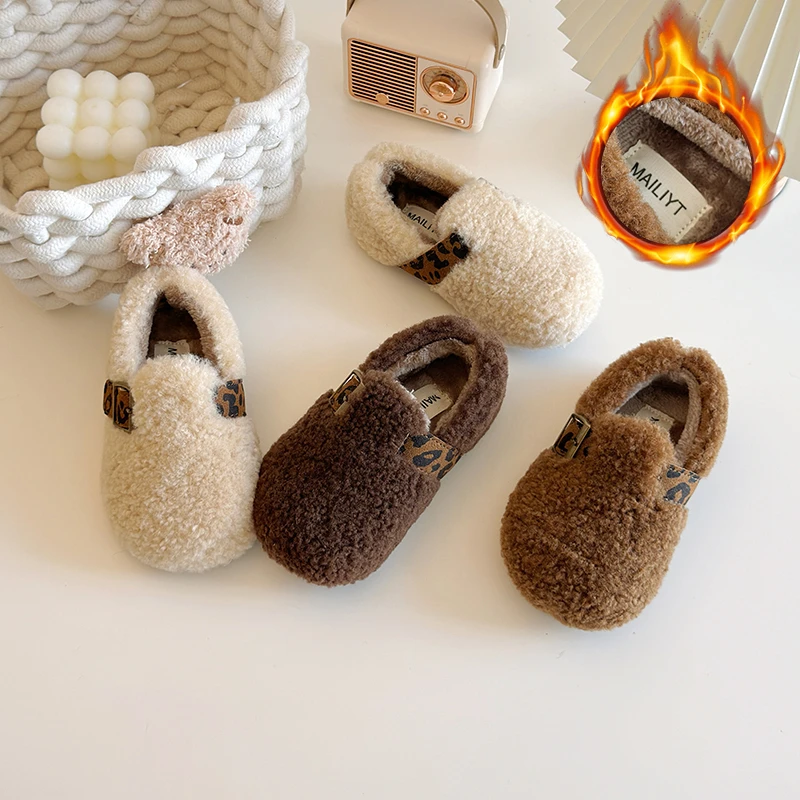 Kids Princess Cotton Shoes Fur Warm Leisure Girls Flats Leopard Round Toe 2025 Winter New Fashion Children Furry Shoes Non-slip