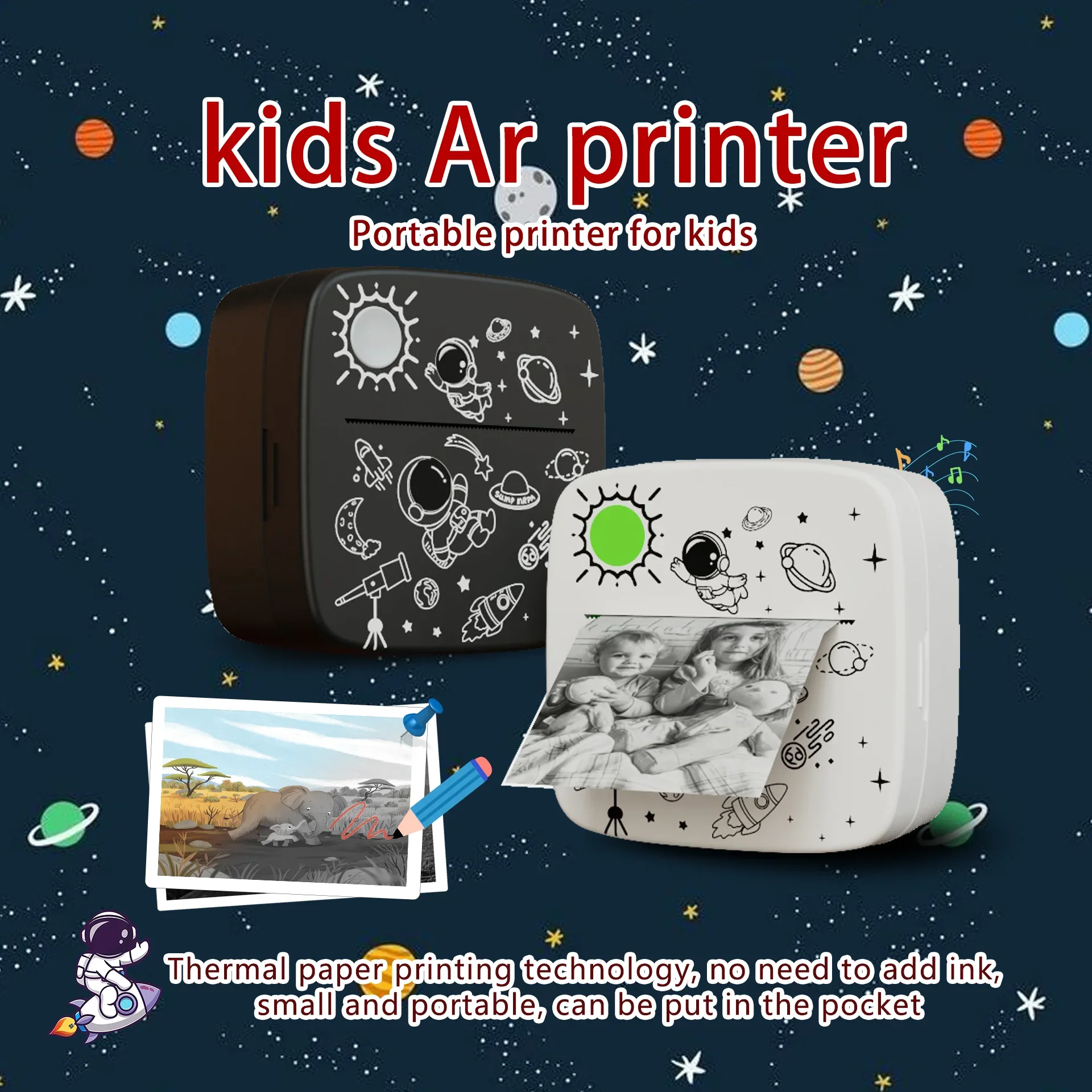 Kids AR Portable Printer Thermal Paper Stickers Paper Mini Portable Printer Thermal Printing Pocket Printer Photo Printers Toys