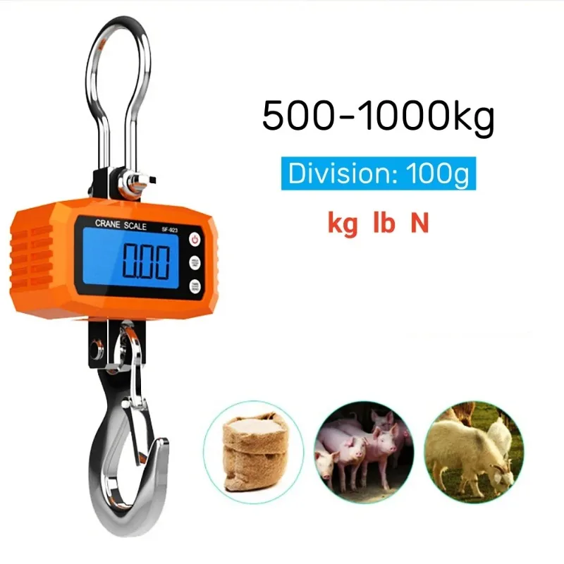 SF-923 Portable Electronic Crane Scale 500-1000kg Aluminum Shell Hanging Scale Stainless Steel Hook Digital Steelyard Hook Scale