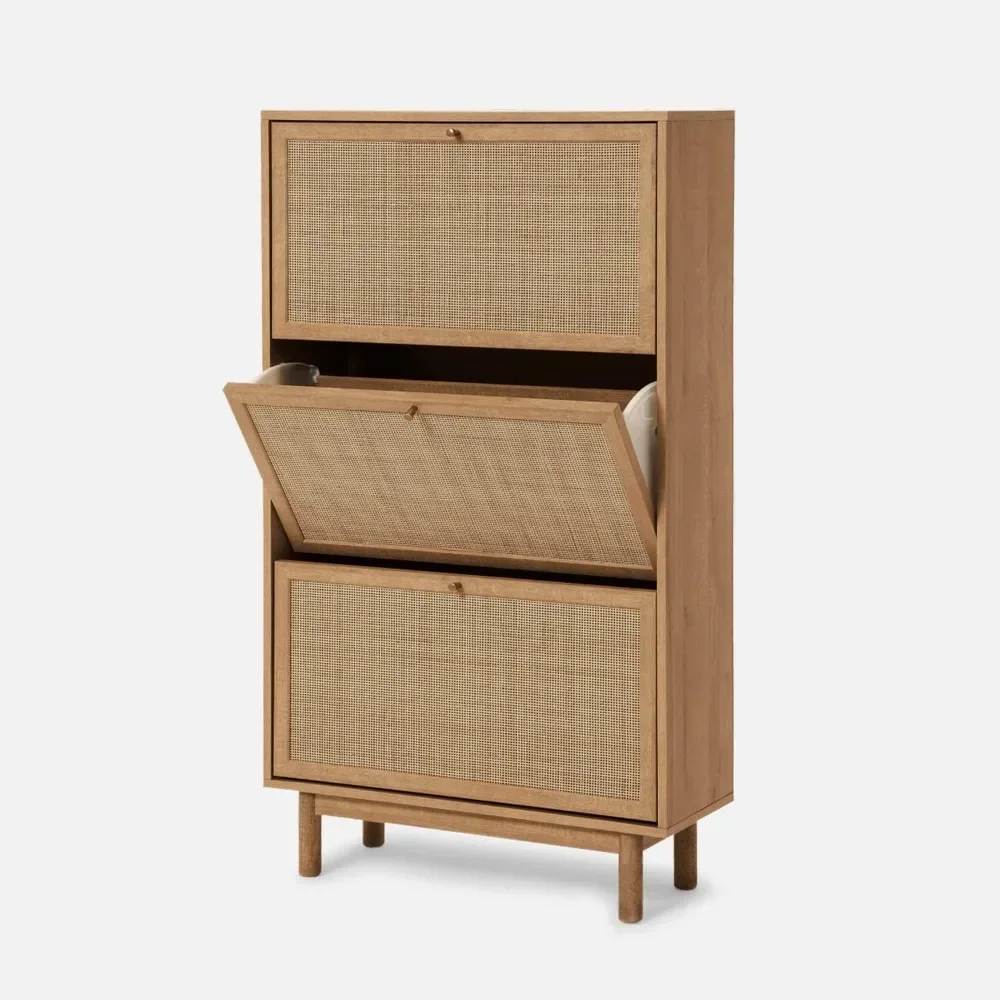 Hannah Shoe Cabinet, Natural Rattan Farmhouse Organizer, Storage, Closet Rack for Entryway, with Spacious Cabinet, Shelves
