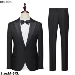 Fatos finos estilo britânico masculino, blazers e calças, vestido masculino de cavalheiro de negócios, trajes de casamento, conjuntos 2pcs, 2024