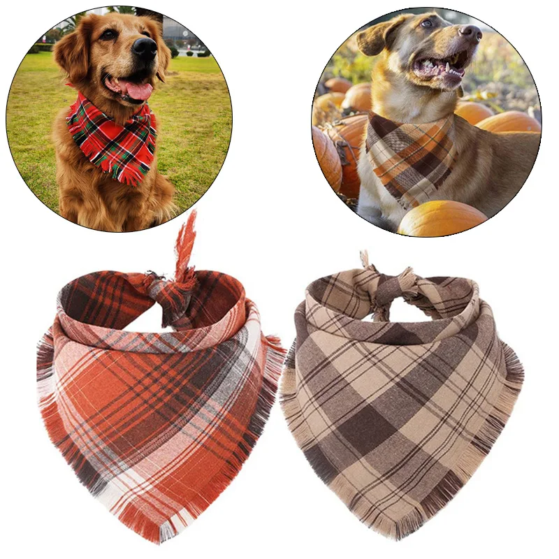 Double Pet Triangle Scarf Plaid Big Dog Bandanas for Medium Large Dogs Hound Golden Retriever Bibs mascotas Grooming Accessories