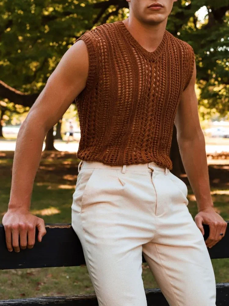 

2024 Spring Summer Men V Neck Outerwear Male Street Wear Casual Solid Knit Sweater Coats Sexy Hollow Out Sleeveless Vest Tops