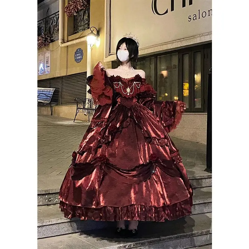 

Lolita Vintage Blood Red Classical Elements Dress Three-Dimensional Rose Heavy Industry Dress