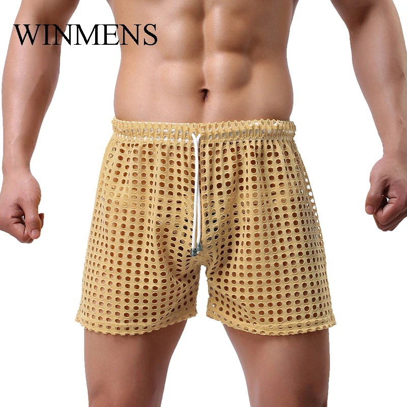 Men\'s Pajamas Pants Summer Sleep Bottoms WOXUAN Cut-outs See Through Indoor Shorts Lounge Funny Fishnet Gay Sexy Sleepwear