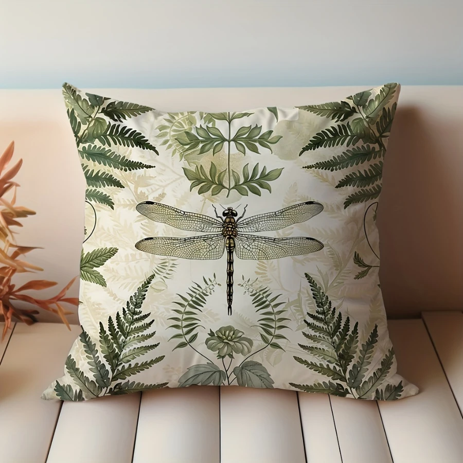 1PC dragonfly and fern-themed throw pillowcase, featuring a vintage green plant 2D flat print
