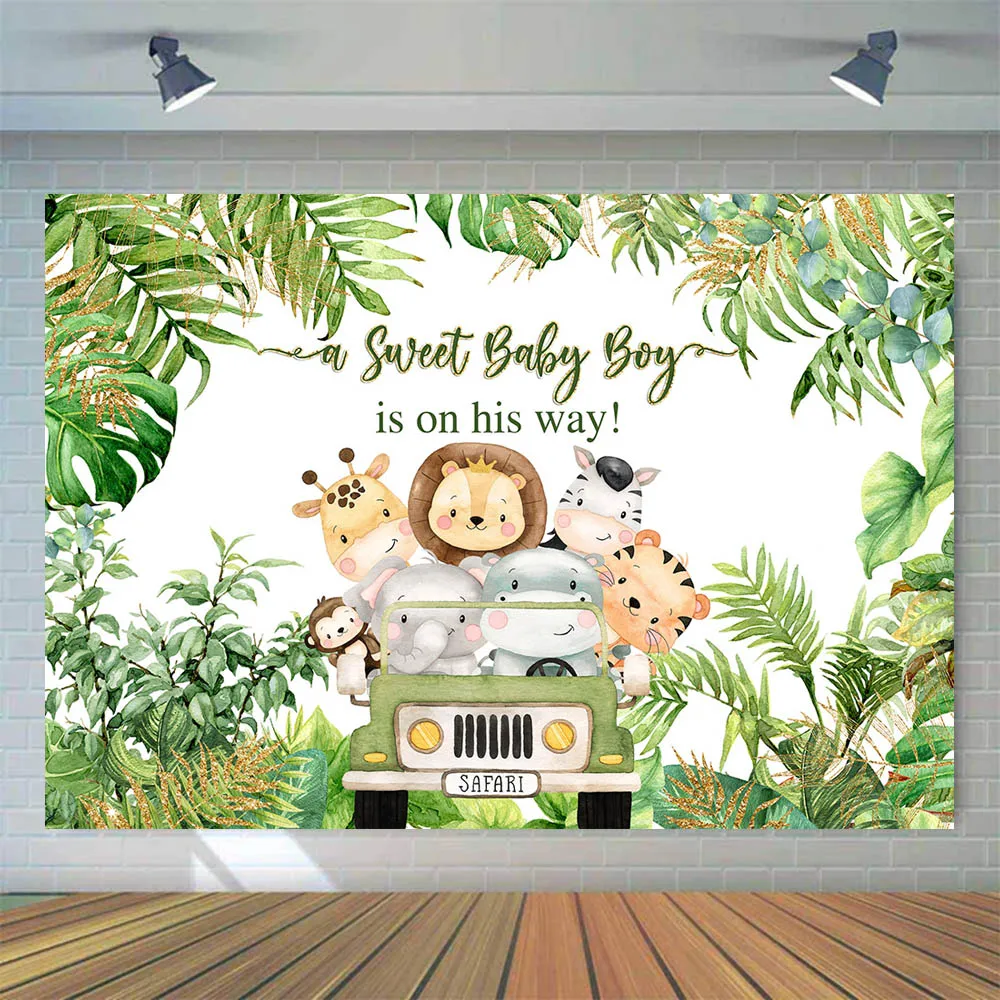 Mocsicka Jungle Baby Shower Backdrop a Sweet Baby Boy is on His Way Forest Leaves Animal Photo Background Studio Photocall Props