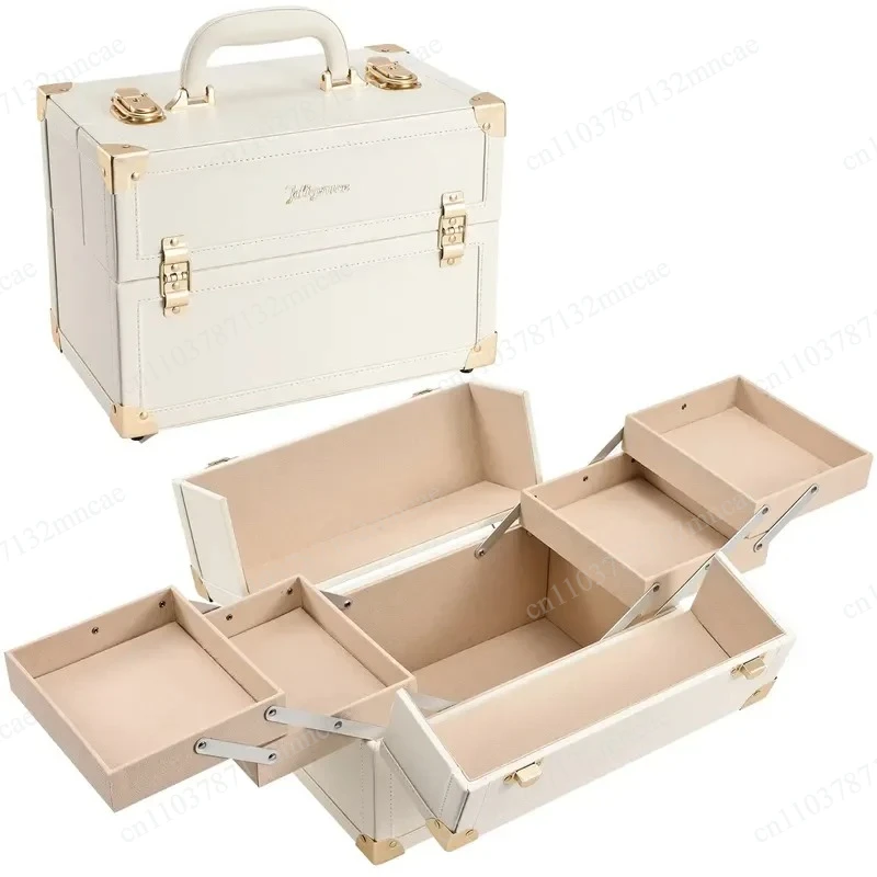 Large Leather Cosmetic Case Travel Makeup Organizer Box with 4 Tray Compartments for Women Nail Art Jewelry Storage Portable