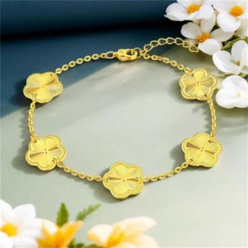 High quality gold AU999 five leaf petal bracelet, women's simple and fashionable 24K gold high-end jewelry bracelet gift