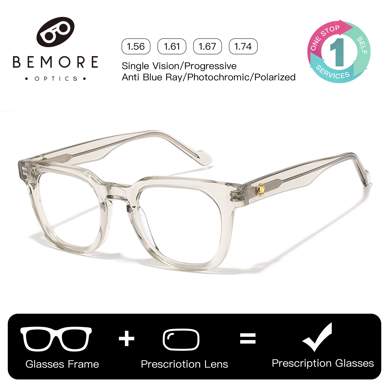 BEMORE Square Prescription Glasses For Men Photochromic Anti Blue Light Acetate Myopia Degree Glasses Optical Grade Eyewear