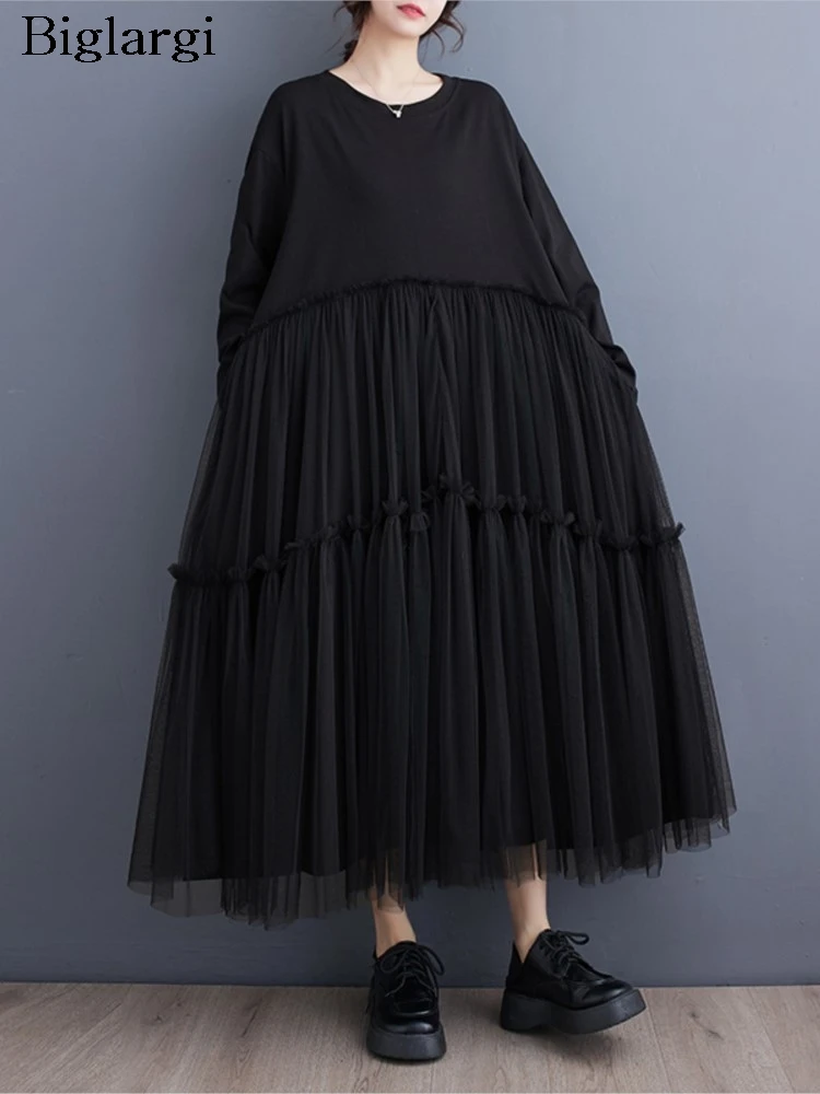 Oversized Spring Long Mesh Patchwork Dress Women Ruffle Pleated Casual Loose Modis Ladies Dresses Long Sleeve A-Line Woman Dress