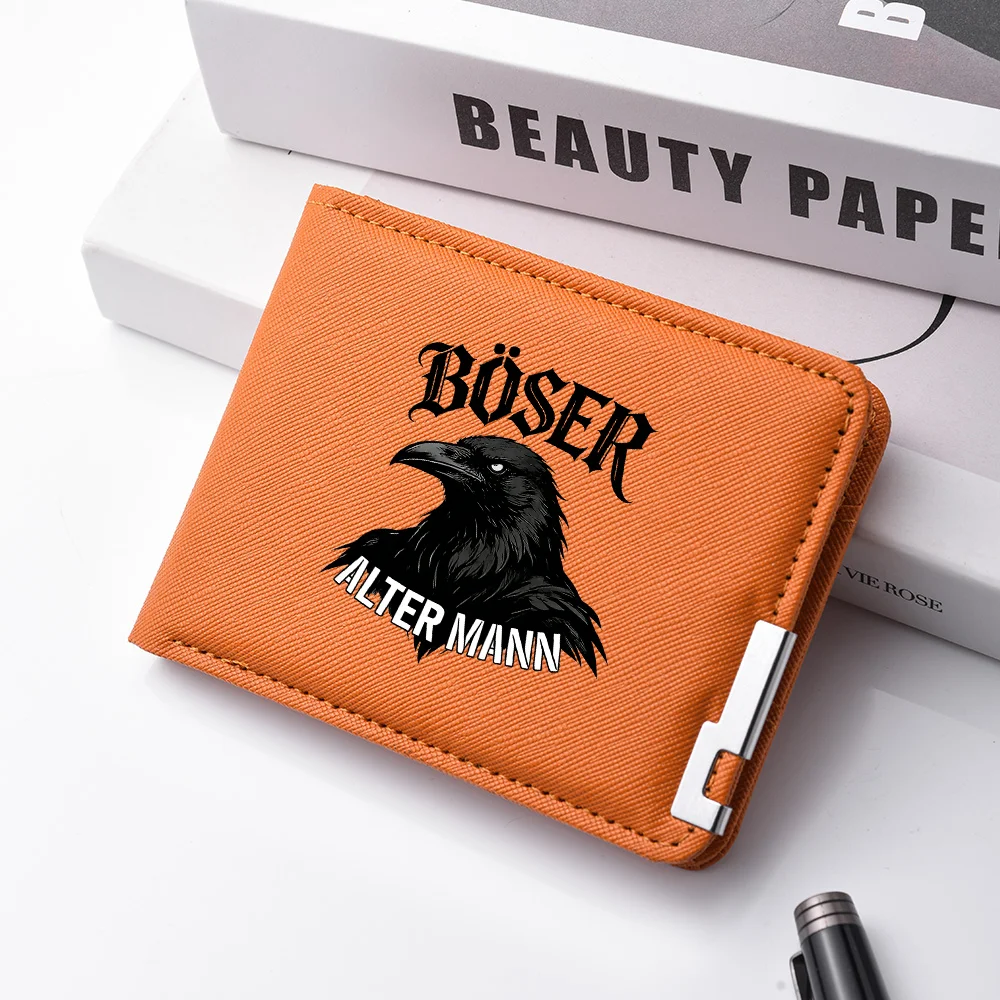 Gothic Style Black Crow-Printed Men's Wallet With Evil Old Man Text Pattern, Short Style, Double-Fold, Multi-Card Slot Wallet