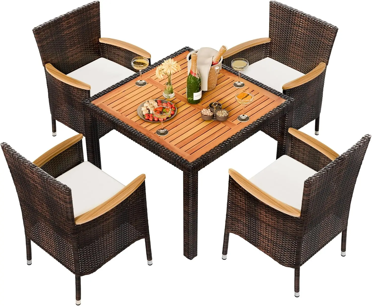 

5PCS Wicker Patio Conversation Set w/Wood Table Top,Outdoor Dining Table & Chairs w/Soft Cushions for Backyard,Deck,Garden-Brown