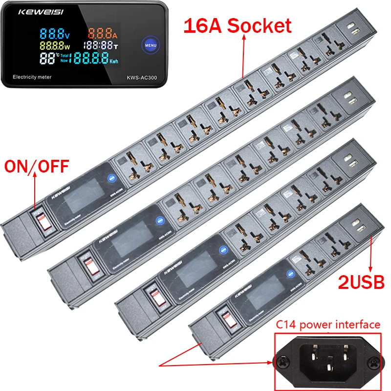 

USB Power Strip with Switch Display Power Energy Volt Watt Kwh Meter 2-9Ways 16A Universal Outlets C14 interface