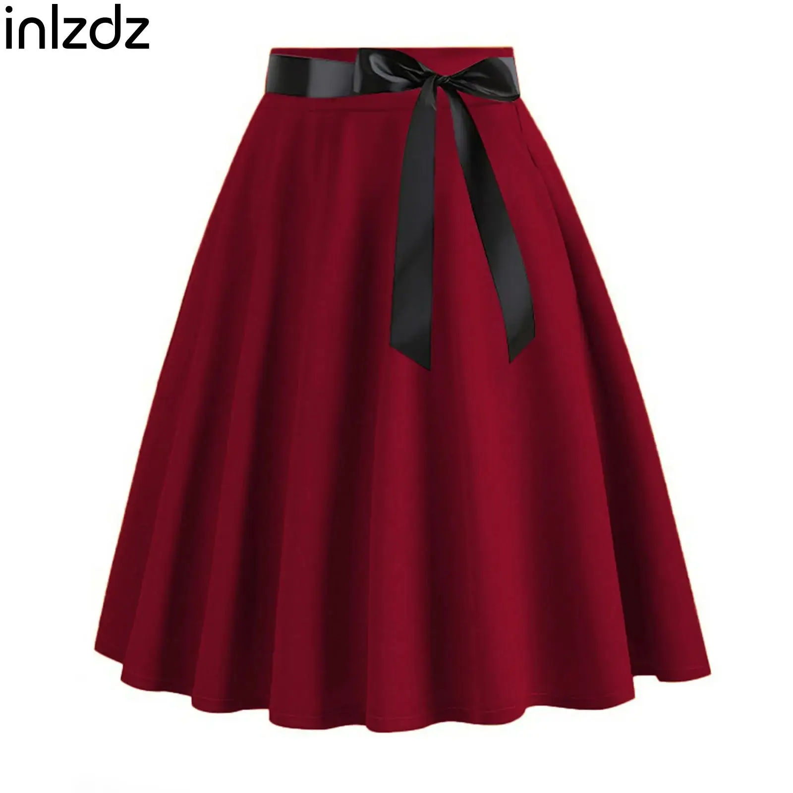 

Women Ladies A-line Skirt Suit Fashion Casual Office Cocktails Party Costume Swing Skirt with Ribbon Belt Solid Color Midi Skirt
