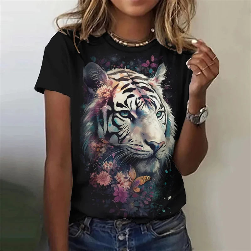 Vintage Animals Print Women's T Shirts Summer Fashion Short Sleeve Top Tiger Print Oversized Female Clothing Ladies Floral Tees