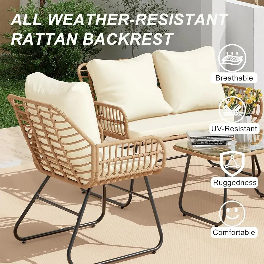 4-Piece Wicker Outdoor Patio urniture Set with Cushions & Tempered Glass Table, All-Weather Rattan Bistro Set with Loveseat Chai