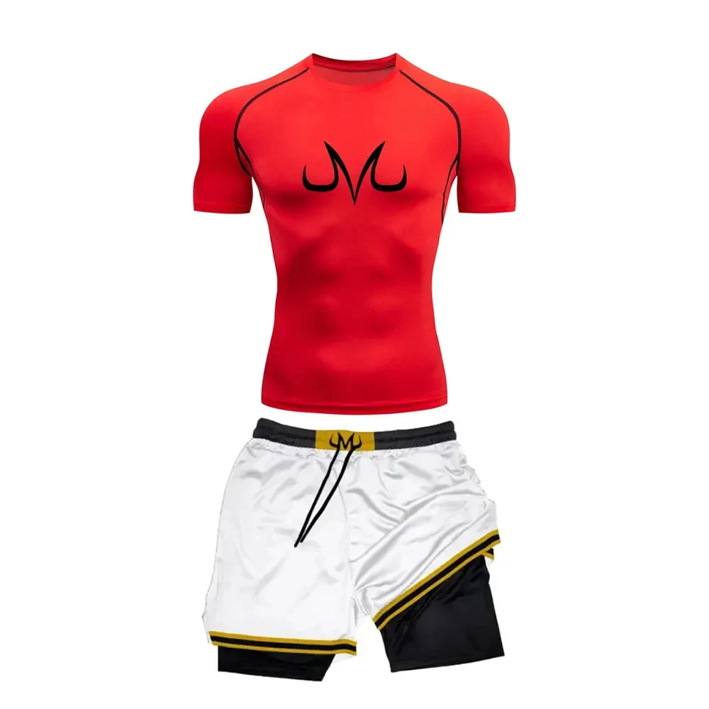 Anime Men Compression Tight Suit Quick-drying Short-Sleeved Double-Layer Shorts GYM Sports Fitness Suit Casual Summer Sportwear