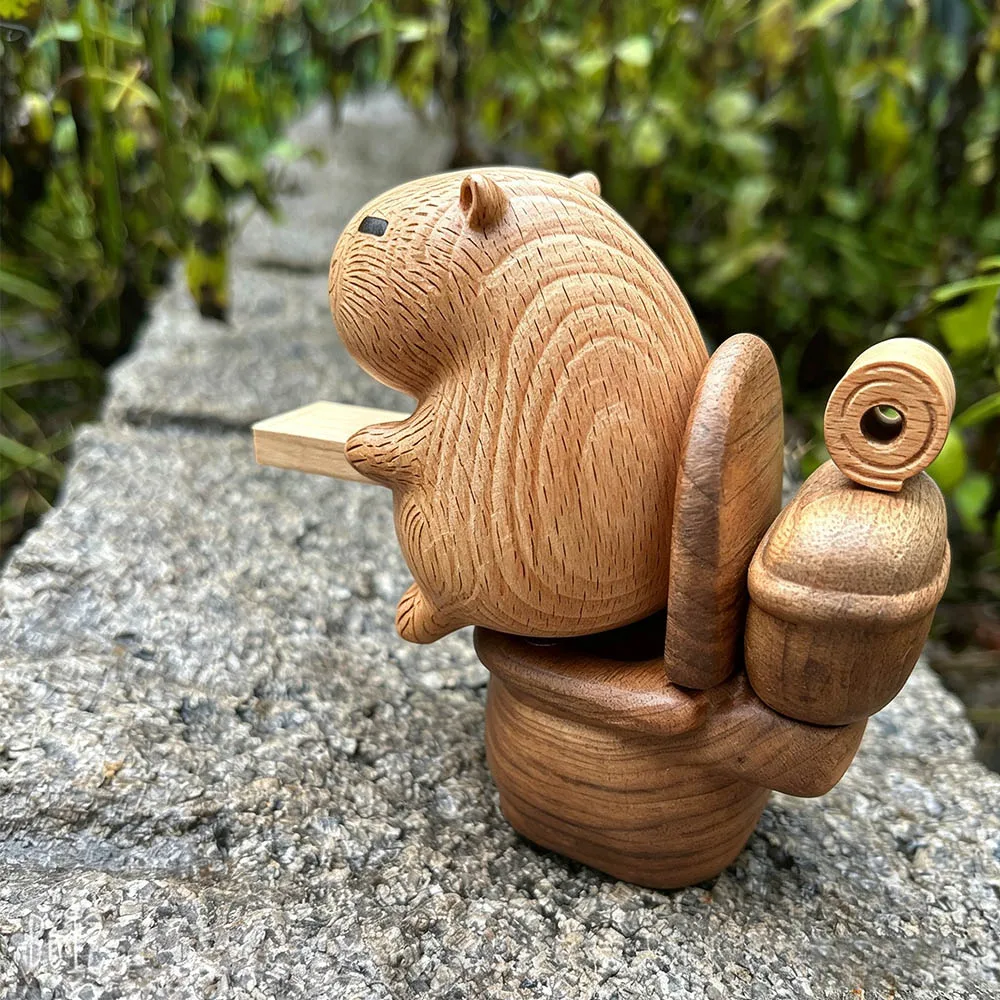 Wooden Capybara Desk Decor Hand Carved Animal Figurine Toilet Scene Whimsical Desktop Ornament Cute Wood Statue Gift