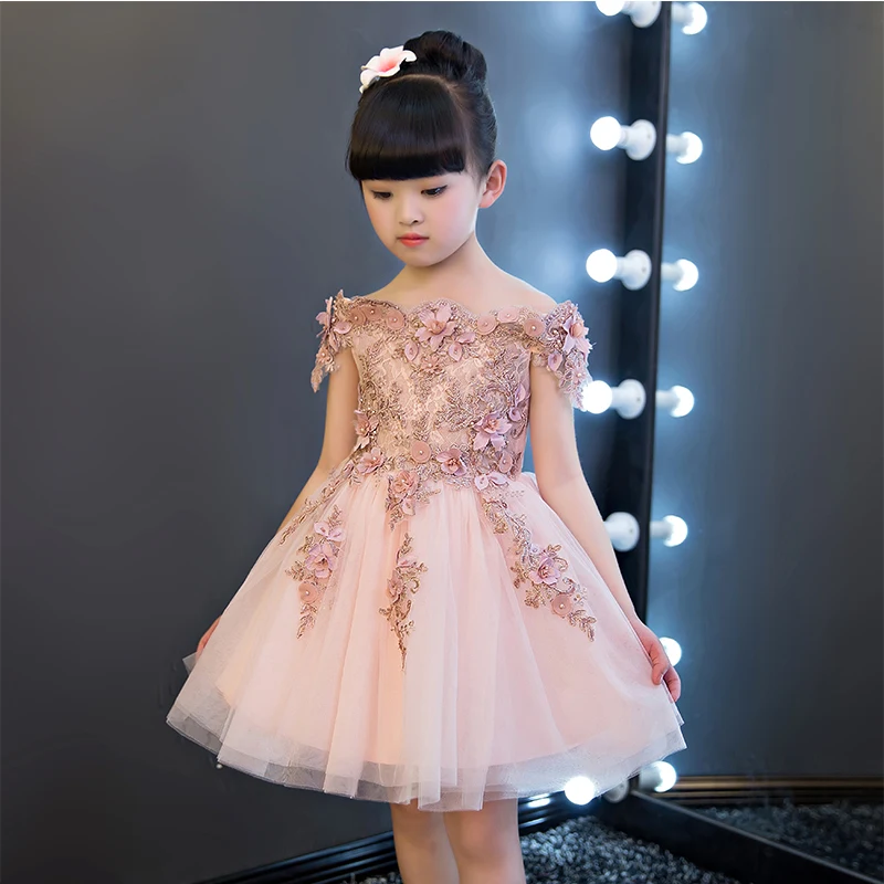 Glizt Girls Shoulderless Wedding Dress Bead Appliques Party Tulle Princess Birthday Dresses First Communion Gown For Girls