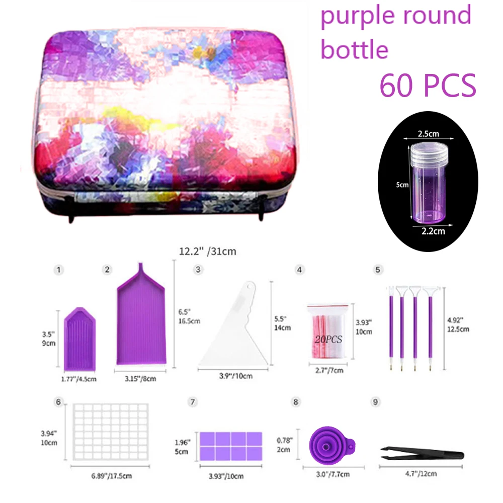 Sac à main de rangement en plastique pour peinture au diamant, kit de point de croix, outils d'art, accessoires violets, 60 bouteilles