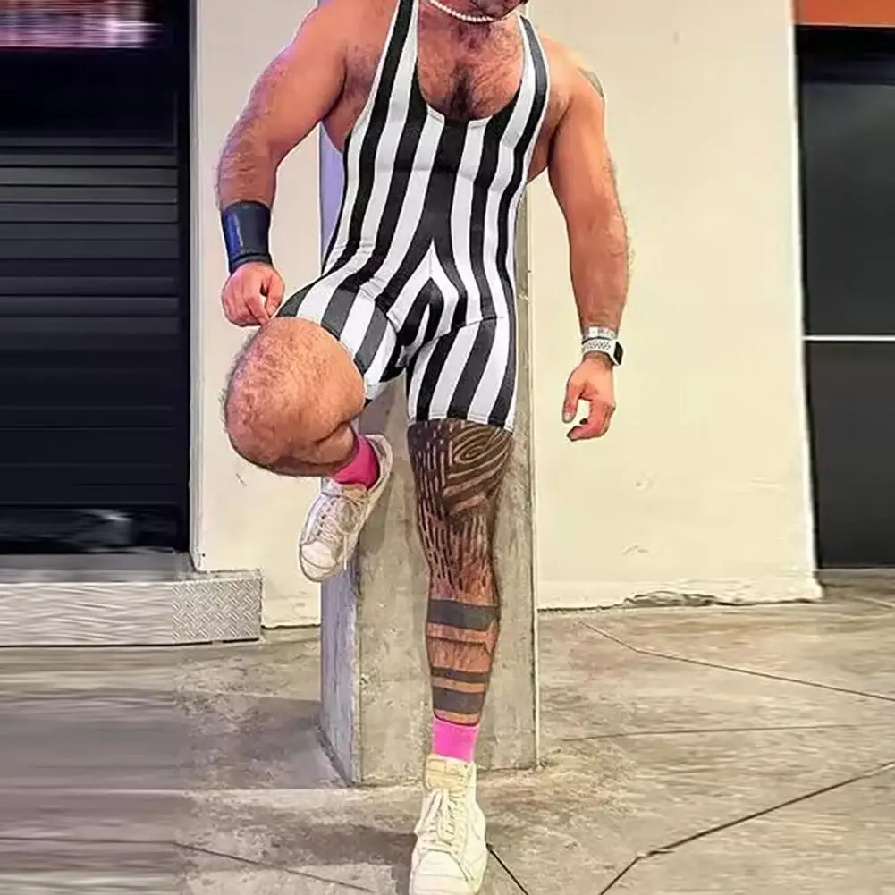 Body deportivo para hombre, sin mangas, escote en U profundo, mono a rayas, gimnasio, seguidores atléticos, Boxers, camisetas de lucha libre, leotardo