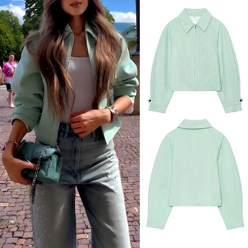Women Mint Green Textured Zip Up Jacket Turn Down Collar Loose Short Coat Female Casual Long Sleeve Spring Autumn Outerwear