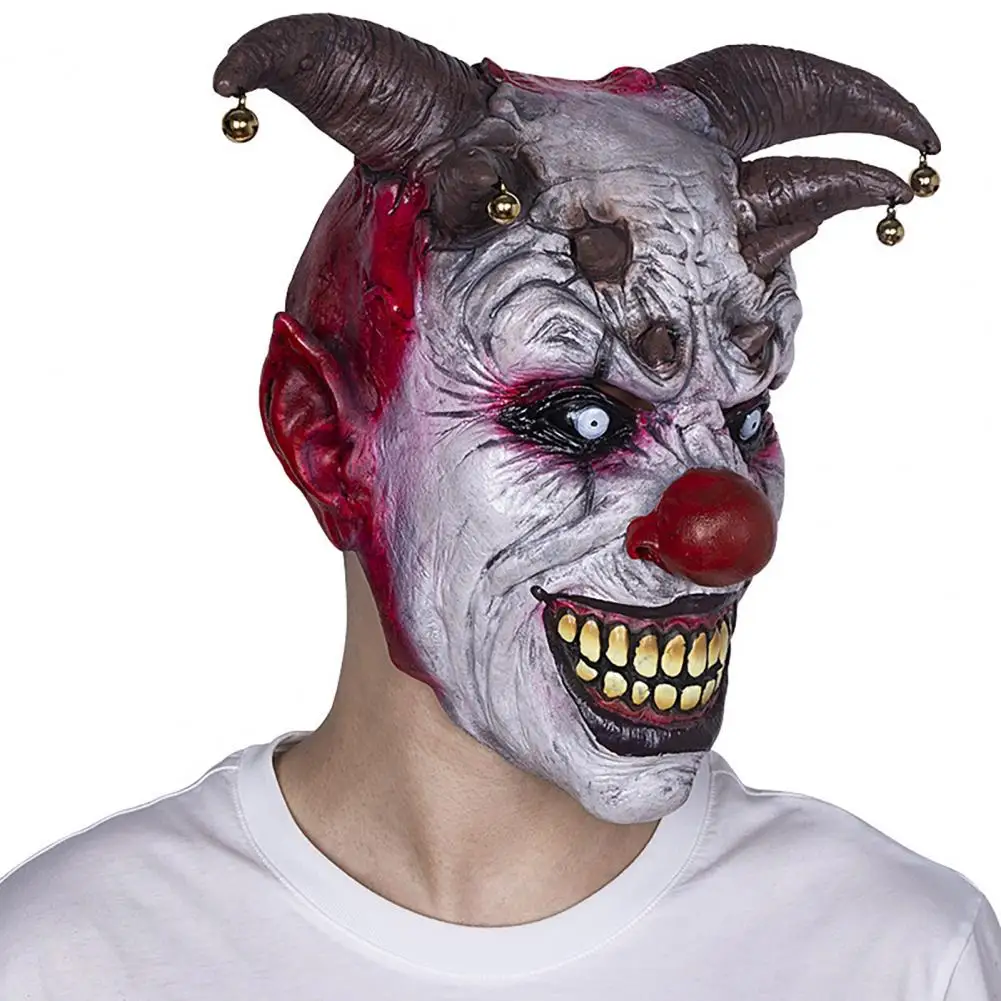 Realistische Maske Halloween-Clownmaske Halloween-Teufelshörner-Maske mit Glockendekor Atmungsaktive Latex-Kopfbedeckung für Erwachsene Cosplay-Party