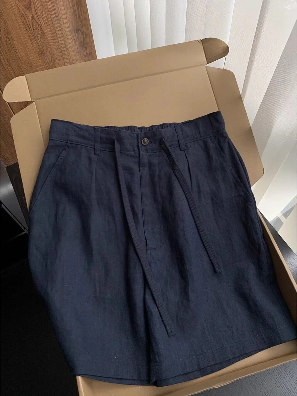 Casual Cotton Lin Men's Short Pants Pleated Thin Drawstring Five-Point Lightweight Straight Leg Trendy Shorts for Commuting