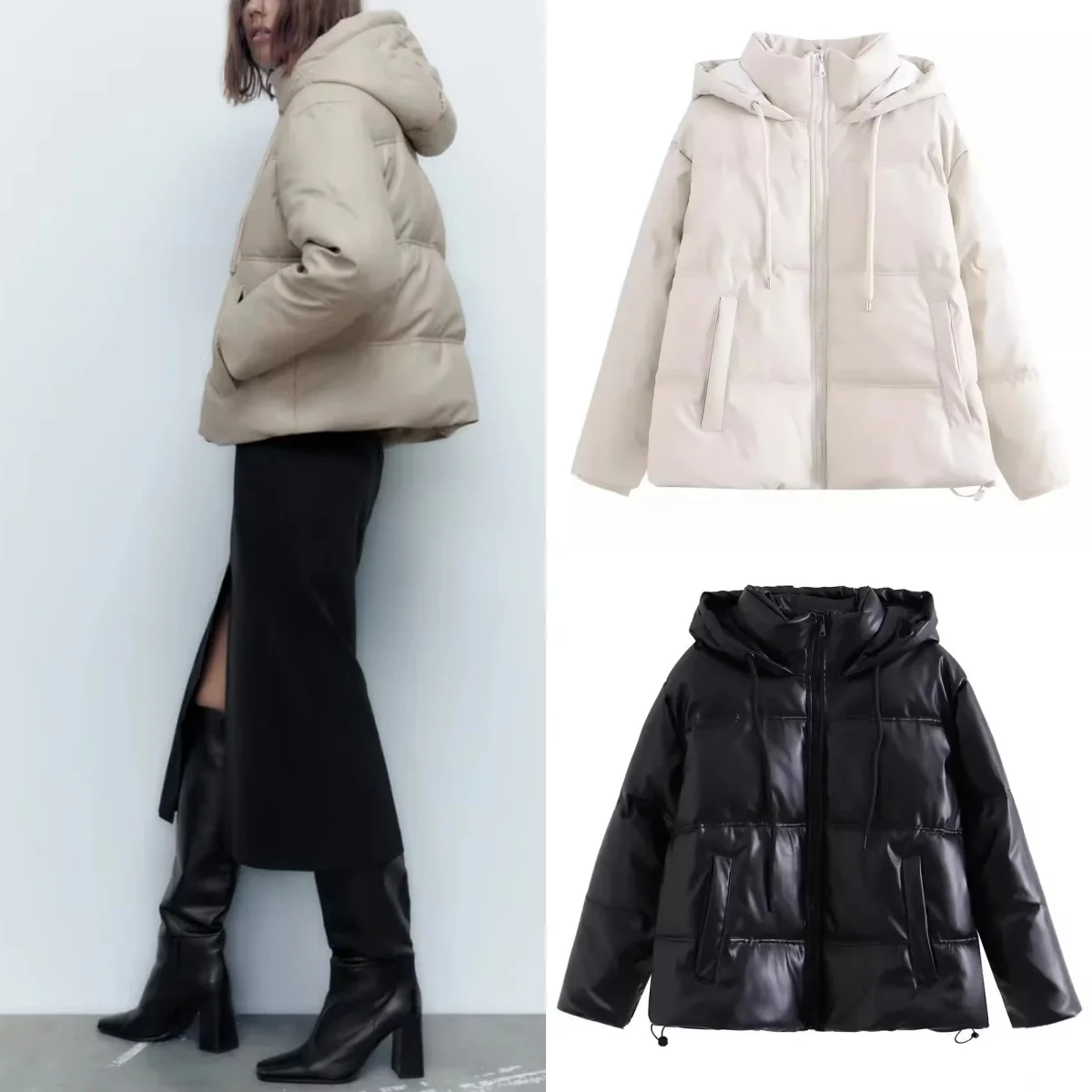 

2024, французская мода ветра в Европе и США с однотонной короткой хлопковой курткой из искусственной кожи с капюшоном