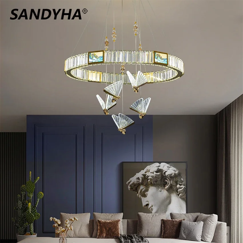 SANDYHA Chinese Style Butterfly Ring Crystal LED Pendant Light for Living Room Dining Bedroom Chandelier Lighting