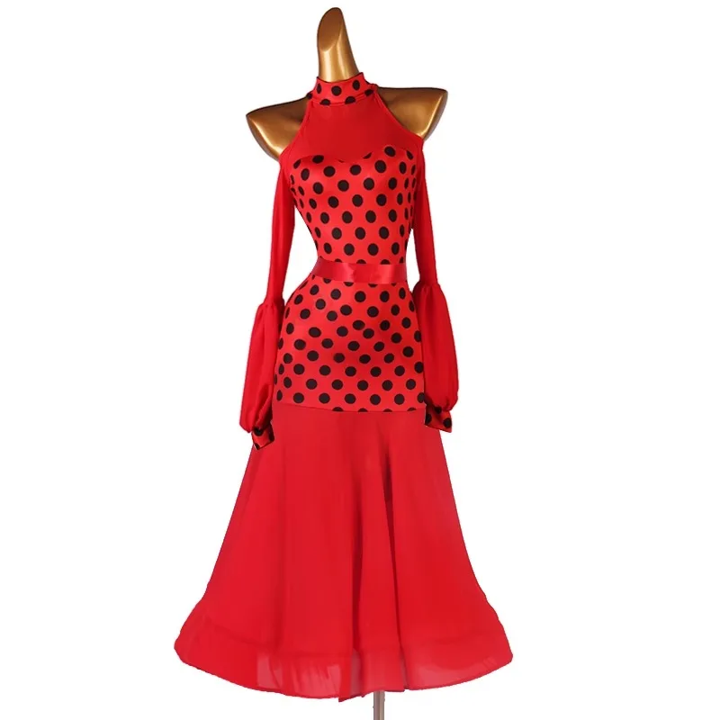 

2024 New Black and White Dots Long Sleeves Standard Competition Ballroom Dance Dresses One Piece Women's Modern Waltz Clothing