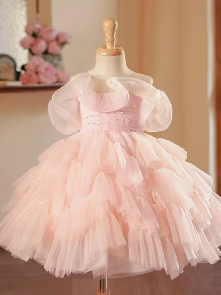 New Children\'s Princess Evening Gown Mesh Pearls Sleeveless Design Kids Wedding Birthday Baptism Party Dresses For Girls A3648