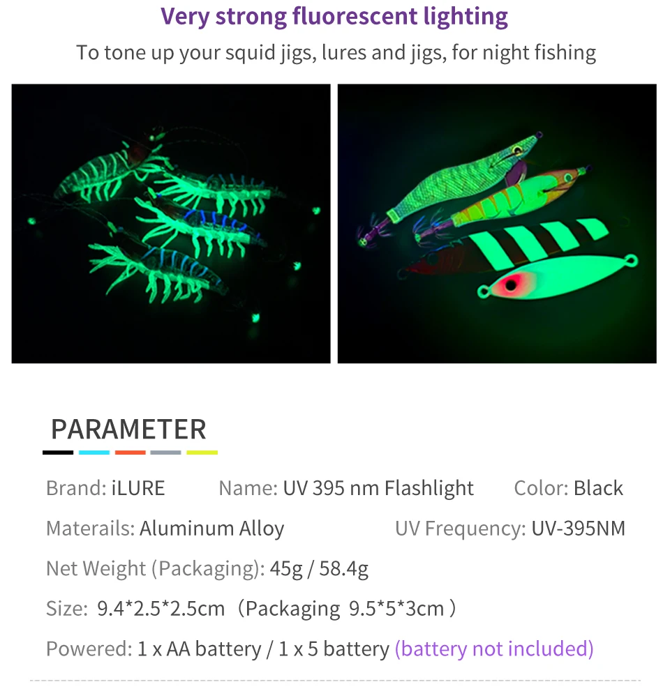 Neue Mini UV Lila Taschenlampe 395nm Angeln Locken Tintenfisch Jig Haken Ergänzung Licht Fluoreszierende Erkennung Lampe Angeln Ausrüstung – Detail 3